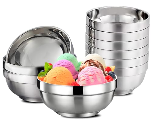 Cheardia Paquete de 10 cuencos de acero inoxidable de 5 pulgadas, cuenco de metal de 15 onzas para ensalada, sopa, ensalada, platos pequeños de doble pared para salsas, arroz, fideos, helados