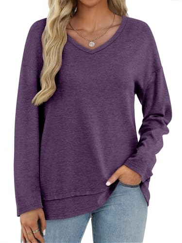 Women's Long Sleeve T-Shirts Solid Color Loose Fit Cute Basic Flowy Tops Spring Fall Casual Blouse4