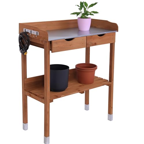 Wooden Potting Bench Outdoor with Metal Surface Workstation | Garden Potting Table with Hooks Drawers and Bottom Shelf - Ideal for Gardening Enthusiasts 36.22 x 30.70 x 14.96 In | 92 x 78 x 38 cm