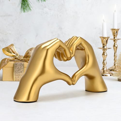 Estatua de manos en corazón decorativa en resina dorada miniatura 5