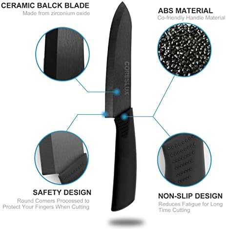 Ceramic Knife Set, Kitchen Chef Knife Set, Bread Knife Super Sharp Five Piece 6"Chef Knife, 5"Utility Knife, 4"Fruit Knife, 3"Paring Knife, 1''Peeler, Rust Proof And Stain Resistant (Black)
