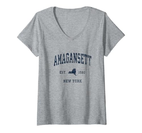 Femme Amagansett New York NY Vintage Athletic Navy Sports Design T-Shirt avec Col en V