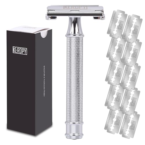 Keropy Safety Razor for Men, Butterfly Open Weighted Heavy Handle Comb DE Razor, with 10 Premium Stainless Steel Double Edge Blades, Mirror Polished Silver, Zinc Alloy - Luxury Gift Set for Dad, Groom