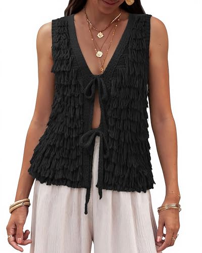 Image of Messic Fall Sweater Vest Oversized Sleeveless Sweater Tie Front Knit Tops