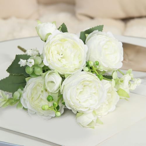 Hosrivae Ramo de rosas persas artificiales, flores sintéticas de seda de 5 tallos con pétalos de tacto real, para centros de mesa de boda, ramos de novia y decoración del hogar (blanco)