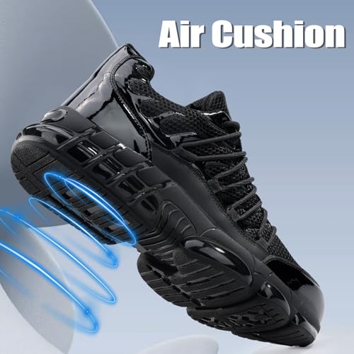 Image of Steel Toe Shoes for Men Lightweight Work Shoes Mens Breathable Puncture Proof Work Sneakers with Air Cushion Industrial Safety Construction Shoe for Men Glossy Black