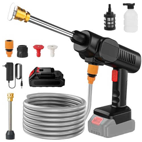 Hidrolavadoras sin Cable, 21V 45 Bar Hidrolimpiadora Bateria, Tubería de Agua de 5 m, Hidrolimpiadora portátil para Coche/Suelo/jardín Limpieza y riego (1*Batería)
