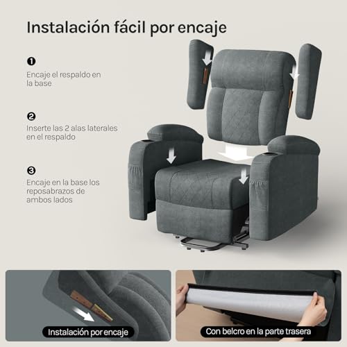 Miniatura 8 de Woltu Sillón Reclinable Eléctrico, Sillón Relax De Masaje Con Ayuda Para Levantarse, Con Calefacción De Masaje, Reposapiés, Bolsillos, Portavasos, Puerto Usb, Tela De Rizo, Gris, Sks61gr