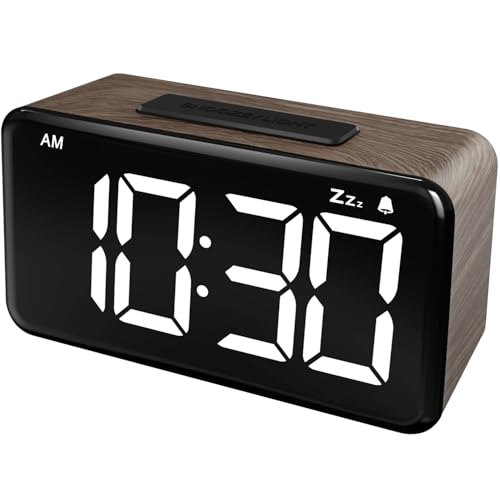 Reloj Despertador Digital: Grano de Madera, Pantalla LED Grande de 5.9 Pulgadas, fácil de Usar para Personas Mayores y Hombres, Brillo Ajustable, Relojes para Dormitorio (Veta de madera oscura​)
