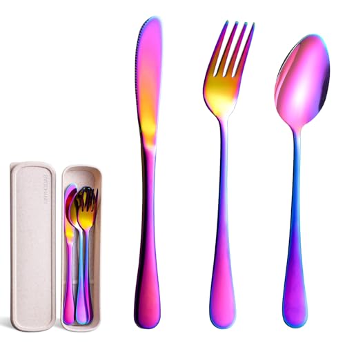 Image of Portable Utensils Set with Case, 4pcs Stainless Steel Reusable Silverware for Lunch Camping School Picnic Workplace Travel, Lunch Box Includ Fork Spoon Knife,Easy to clean,Dishwasher Safe(Rainbow)