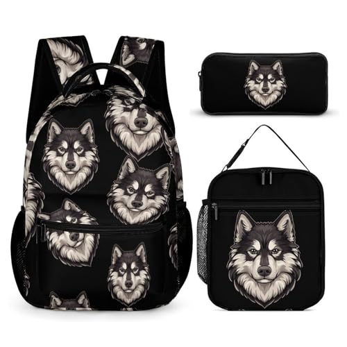 Cool Alaskan Malamute Dog Travel Backpack Lunch Box Pencil Case 3Pcs Set for Men Women Office Outing University