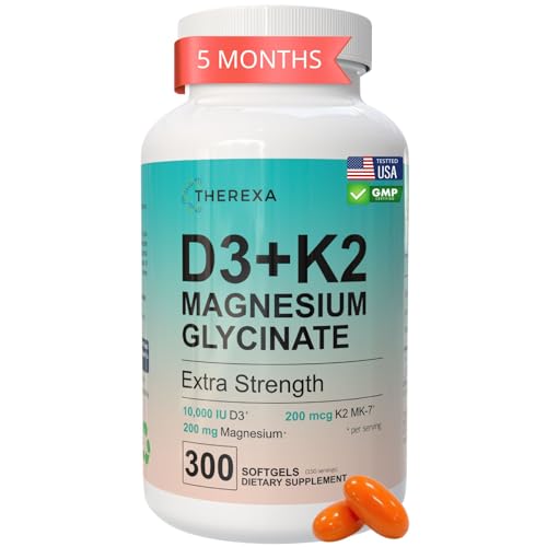 Vitamin D3 K2 10000 IU Magnesium Supplement - Extra Strength with 10 000 IU Vitamin D3 + K2 MK-7 200 mcg and Magnesium Glycinate Supplements Complex - 300 Softgels