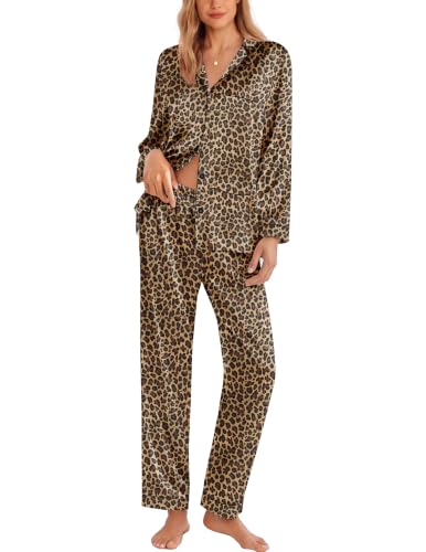 Image of Ekouaer Pajamas for Women Silk Satin Button Down Long Sleeve Pajama Sets | Soft and Lightweight,One Chest Pocket,Two Front Pockets,Daily Wear, for Casual,Sleep,Party Gift