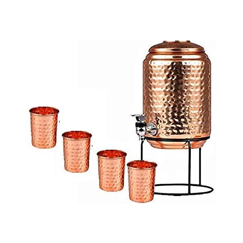 Pure Copper Hammered Water Dispenser Storage Water Tank with Tap and set of 4 Copper Glass | Water Pot | Copper Water Storage Tank | 6.5 Ltr Capacity | 218 Oz Cover