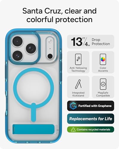 Image of ZAGG Santa Cruz Snap Case with Kickstand for iPhone 17 Pro - Tranquil Blue, Drop Protection (13ft /4m), MagSafe Charging Compatible, ClearGuard Anti-Yellowing Technology, Scratch Resistant Phone Case