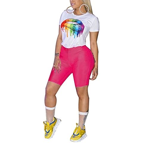 Women's Shorts 2 Piece Outfits Lip Print Short Sleeve T-Shirt Blouse and Solid Shorts Set Tracksuit White&Rose M Cover