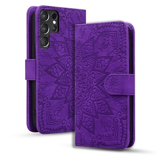 Custodia Mobile per Samsung Galaxy S24 Ultra 2024 Premium con Chiusura Magnetica Stand Funzione Flip Cover Mandala Embossing S24 2024 - pelle sintetica viola