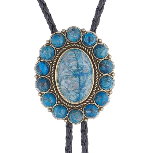 Image of GelConnie Bolo Tie for Men Women Western Cowboy Turquoise Leather Necktie | Natural Stone Bolo Tie Necklace for Women Rodeo Cowboy Leather Necktie Native American Western Cowgirl Ties Adjustable Cord