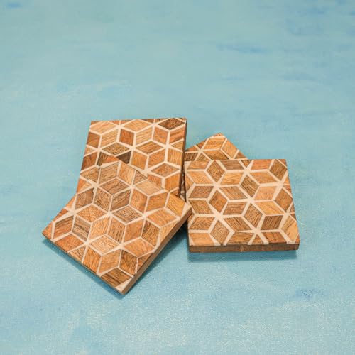 Image of Ireka Home Rustic Charm Coaster Set of 4, Mango Wood & Resin - Tea Cup, Coffee Mug & Glass Coasters for Dining Table, Office & Home Decor