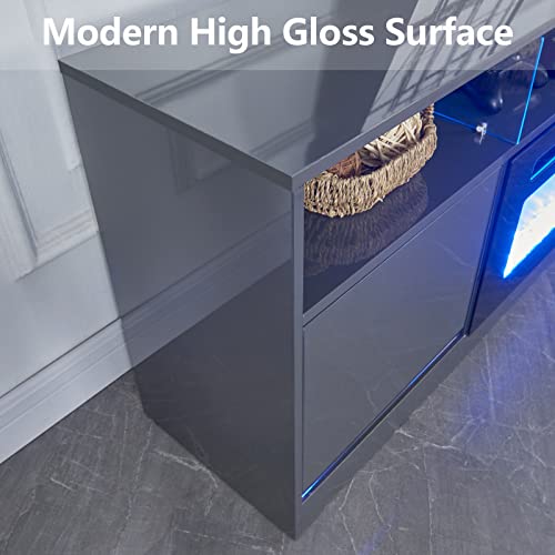 Fireplace Tv Stand With 36" Electric Fireplace For Tvs Up To 80", Game Console Entertainment Center With Led Light, Modern Gloss Home Media Tv Console With Storage Cabinet And Glass Shelves, Grey #TOP3