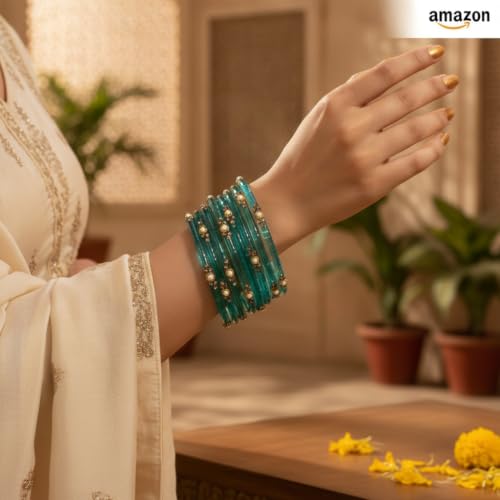 Image of SUNDRAM Women's Premium Fancy Glass Bangles for Women & Girls |with Zircon Gemstone Work & Charm| Traditional Ethnic Bangles Set of 12