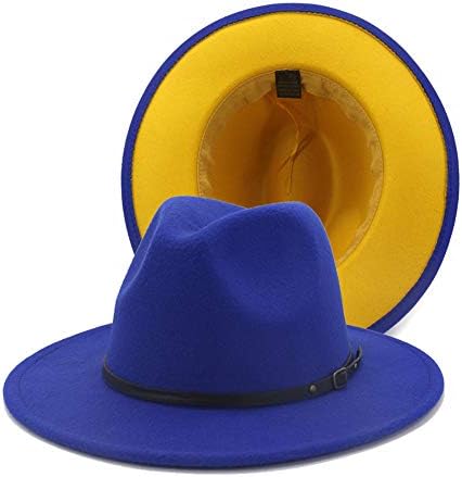 Gossifan Womens Wide Brim Panama Hat Patchwork Colors Classic Buckle Fedora Royal Blue/Yellow