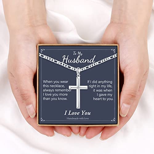 Vjoypro Husband Gifts Husband Cross Necklace, Husband Birthday Gifts Husband Silver Cross Necklace Jewelry Gifts Fathers Day Christmas Gifts For Husband Anniversary Valentines Day Gifts For Him Men Husband Religious Christian Gifts For Men #TOP6