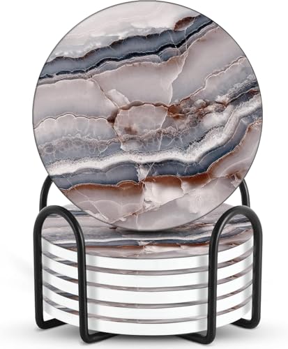 Image of Coasters for Drinks Absorbent - Natural Stone Drink Coasters Set with Holder, Coasters for Coffee Table, Wooden Tabletop Protection Marble Style - 100% Heavy Duty, Set of 6 (Onyx)