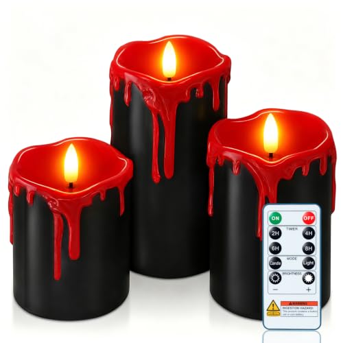 Image of Homemory Black Red Drip Real Wax Flameless Candles, Remote Timer, Set of 3