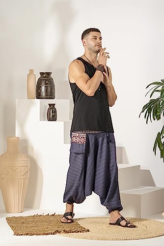 Image of The Veshti Company Cotton Baggy Pants Drop Crotch Harems for Men's Loose Boho Oversized Striped Meditation Yoga Pant with Pocket