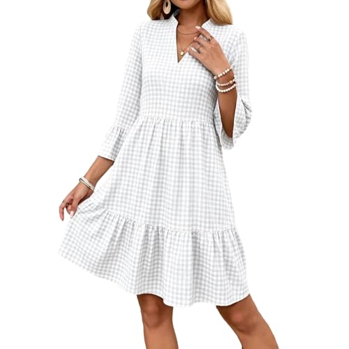 Vestido De Mujer con Cuadros Escote En V Manga Cuartos Acampanada Bohemio Ajuste Holgado para Uso Casual Y Vacaciones XL