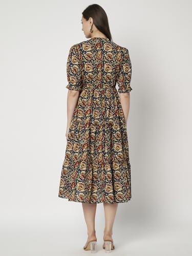 Image of Women's Floral Summer Maxi Dress I Cotton Printed I One Piece Bodycon Midi Dress with V-Neck, Puffed Sleeves