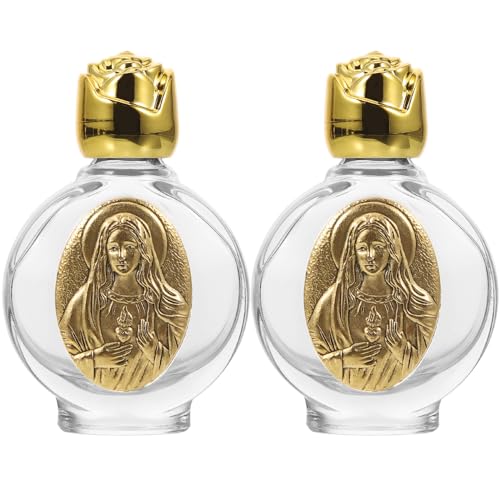 DOITOOL 2Pcs Glass Holy Water Bottle Holy Water Containers Refillable Catholic Holy Water Dispenser Empty Perfume Containers for Catholic Christian Halloween Baptism Party Church Golden
