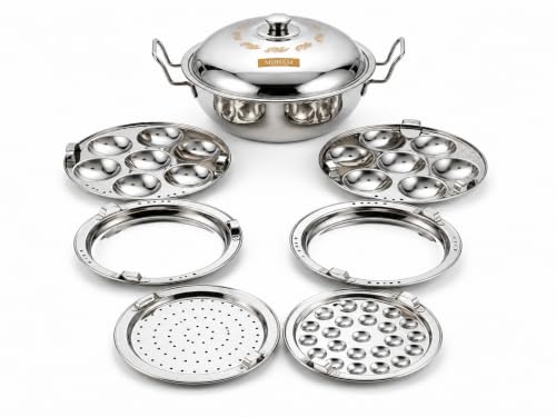 Image of MOHAM Stainless Steel Idli Maker, Dhokla & Momo Steamer Pot with 2 Idli Plates (14 Idlis), 2 Khaman /Dhokla Plates, 1 Patra Plate, 1 Mini Idli Plate | Multipurpose Steam Cooker with Lid | Heavy Gauge Food Grade Steel | Mirror Finish | Gas & Induction Compatible