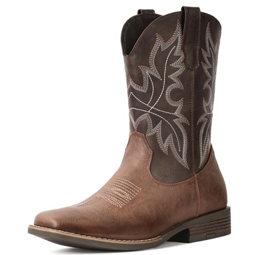 IUV Cowboy Boots for Men Western Boots Square Toe Slip on Embroidered arch support Boot Fashionable Pull On for Spring Fall