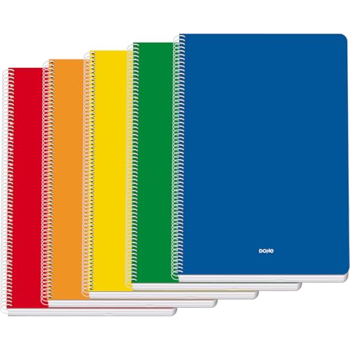 Dohe - Cuadernos A4+ (5 uds.) - Tamaño 21,5x31,5 cm, 5 Colores: Azul, Rojo, Naranja, Amarillo y Verde, 80 Hojas Cuadriculadas (4x4 mm), Cierre de Espiral, Tapa Blanda de Cartulina, Material de Oficina
