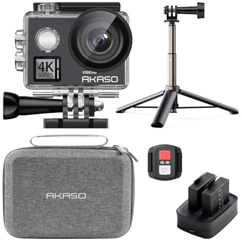 AKASO V50 Elite Action Cam,4K60FPS 20MP Unterwasserkamera mit 60cm Stativ Selfie Stick und Tasche WiFi mit Touchscreen EIS 40M Sportkamera 8X Zoom Sprachsteuerung Fernbedienung Zubehör Kit