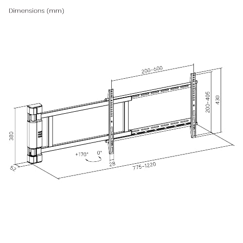 Technical drawing showing the dimensions of the LUMI Flex Mount PLB-M06 in millimeters, including length, height, and swing angle.