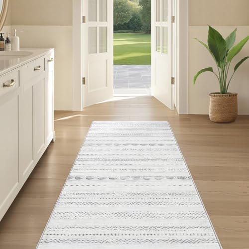Nakagishi Runner Rug Kitchen Washable Rugs: 2x6 Non-Slip Boho Soft Modern Stain Resistant Indoor Floor Neutral Farmhouse Throw Carpet for Hallway Bathroom Laundry Room Entryway Bedroom- Gray