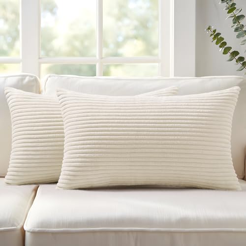 Image of Mecatny Corduroy Fall Decorative Throw Pillow Covers 12x20 Set of 2 for Sofa Living Room, Soft Neutral Boho Couch Pillow Covers for Home Decor, Cream White