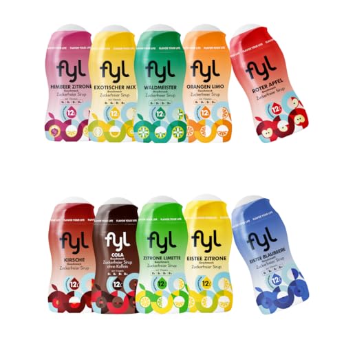 fyl Zuckerfreier Sirup 5+5 Gratis Starterset 10 Flaschen für 120L zuckerfreies Getränk 10 Geschmacksrichtungen Zero Zucker mit Vitaminen