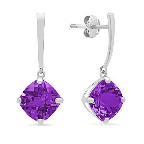 14k White Gold Solitaire Cushion Cut Purple Amethyst Drop Dangle Earrings for Women 8mm February Birthstone with Push Backs by MAX + STONE