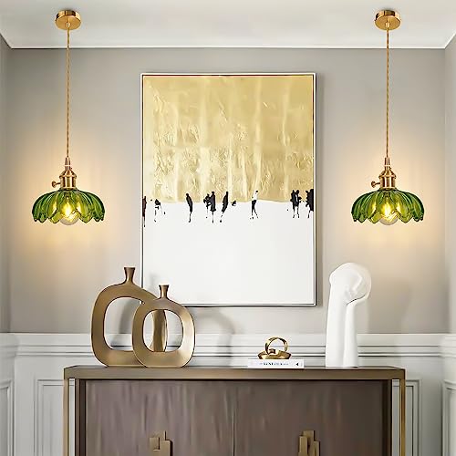 Shenmoyl 1-Light Pendant Light Green Glass Hanging Light,E26/E27 Drop Ceiling Light Fixture Lamp For Farmhouse Kitchen Island Bedroom 7.87 Inch Diam W/Retro Scindapsus Lampshade Pattern Lampshade #TOP5