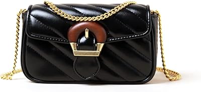 Mn&Sue Quilted Oblique Stripe Crossbody Bag for Women - Designer Fashion Clutch, Elegant Shoulder Purse with Wood Ring Clasp (Black)