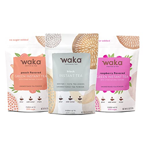 Waka Quality Instant Tea — Unsweetened 3 Bag Tea Combo — 100% Tea Leaves — Black, Peach Flavored, Raspberry Flavored, 4.5 Oz Per Bag #TOP18