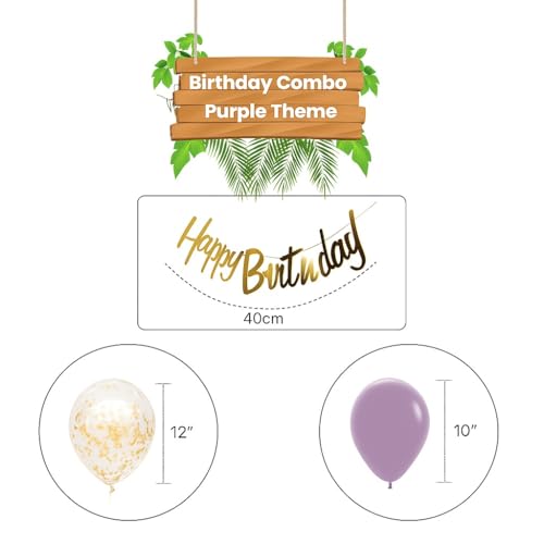 Image of Happy Birthday Decoration Items Set - 54 pcs | Purple Theme Kit with Golden & Lavender Balloons, Birthday Banner, Tape & Glue | All-in-One Party Decor Kit