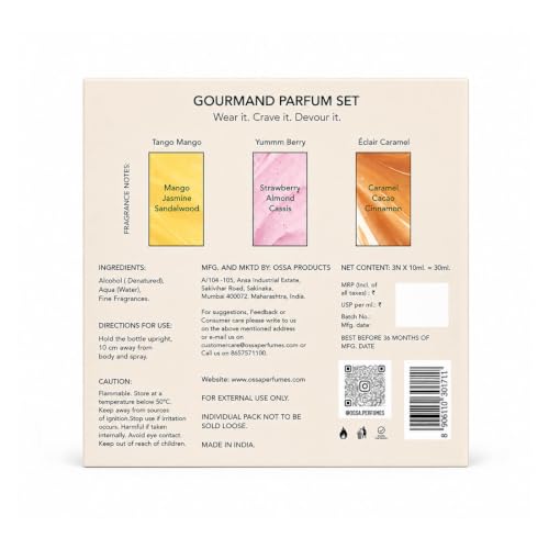 Image of OSSA Gourmand Parfum Miniature Set for Men & Women, 30ML (3 x 10ML) | Mango, Berry & Caramel Fragrances | Long Lasting Unisex Perfume Gift Set | Premium Travel Size Parfum Collection