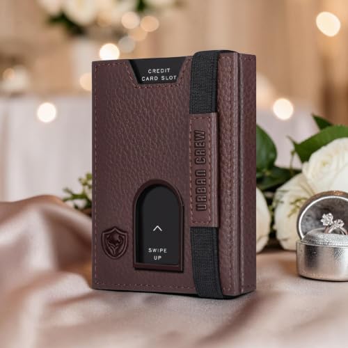 Image of URBAN CREW Smart Slim Wallet for Men - RFID Blocking Leather Card Holder with Swipe-Up Slot & Elastic Strap - Minimalist Front Pocket Wallet (Brown)