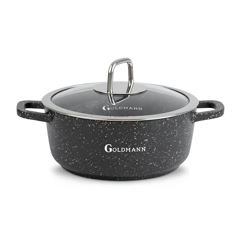 GOLDMANN Premium Guss-Aluminium Kochtopf 20 cm (2,3 L) – Keramik-Marmor-Antihaft-Kasserolle mit hitzebeständigem Glasdeckel, für alle Herdarten inkl. Induktion, PFOA-frei & spülmaschinengeeignet