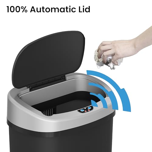 Image of iTouchless 13 Gallon Sensor Kitchen Trash Can with Lid and Odor Filter, Durable Dent-Proof Automatic Waste Basket Garbage Bin Great for Home, Office, Business, Slim Space-Saving, Oval, Black Plastic